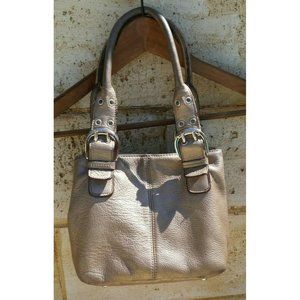 Tignanello Pebbled Leather Handbag Satchel Metallic Purse Gold Champagne Accent